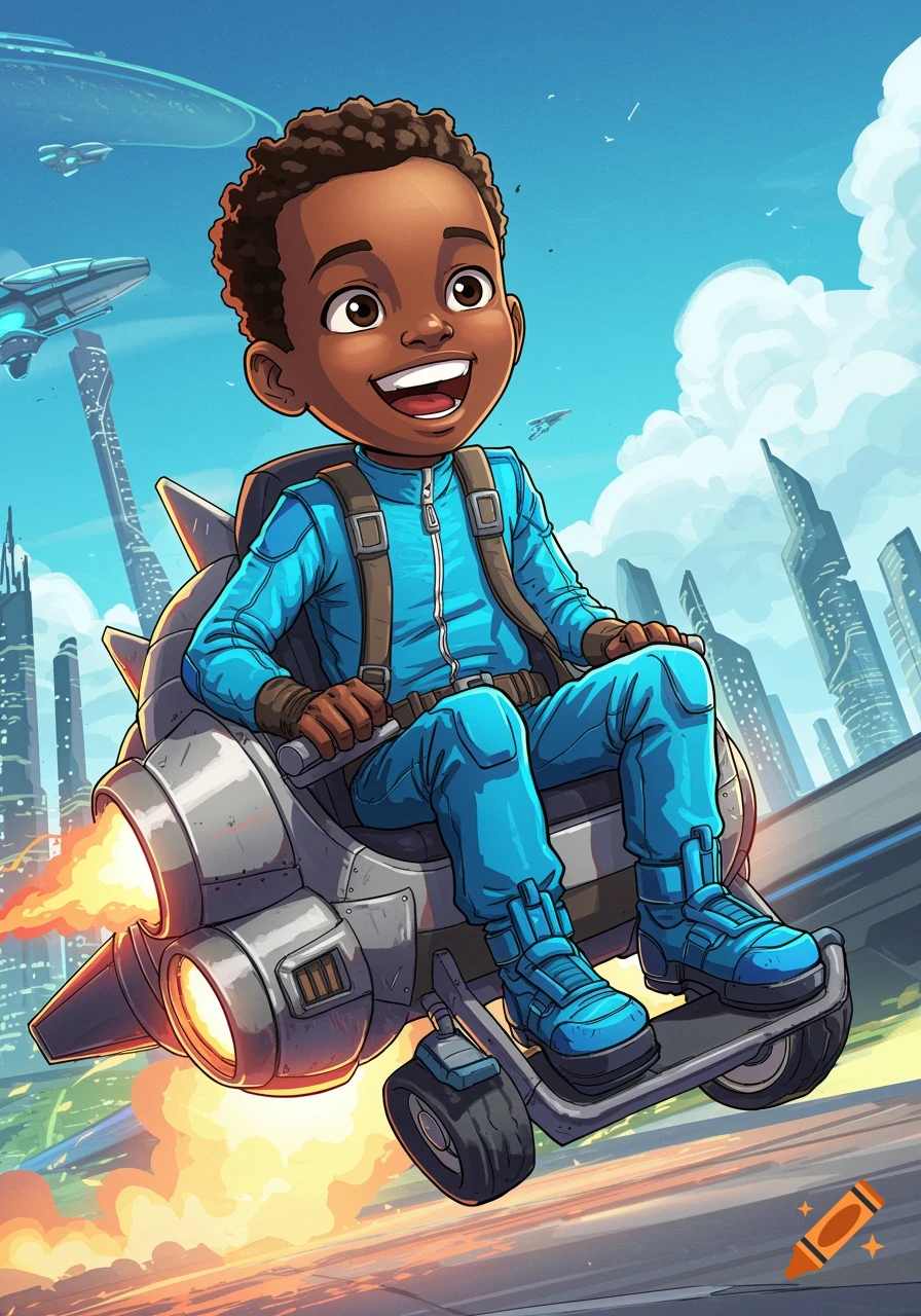 Cartoon illustration of a Black child flying in a rocket-powered chair over a futuristic city.