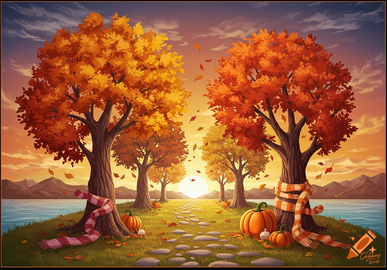 Illustration of an autumn landscape with colorful trees, pumpkins, and scarves by a lake under a sunset.