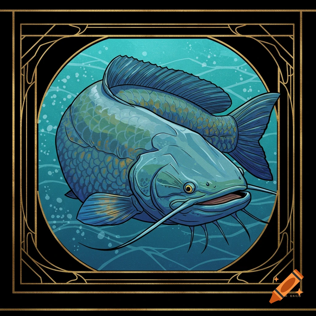Art deco illustration of a blue catfish underwater in a decorative frame