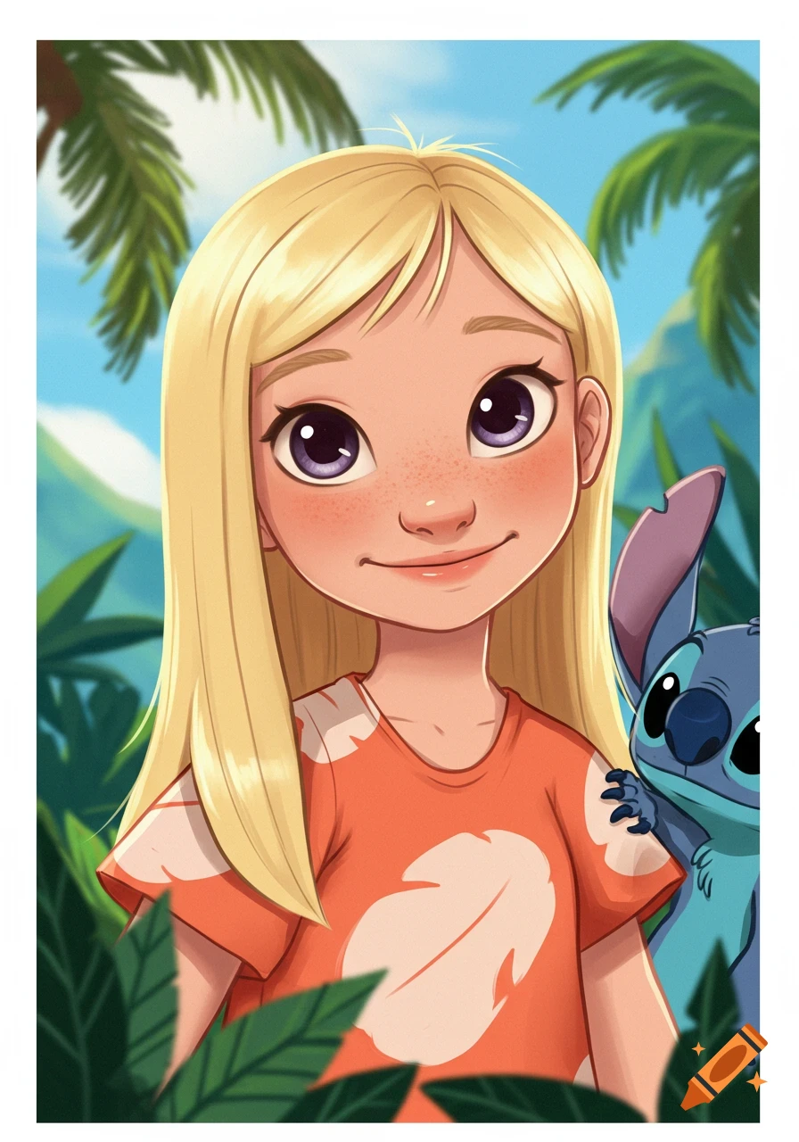 Blonde girl and Stitch smiling in a jungle setting, cartoon style