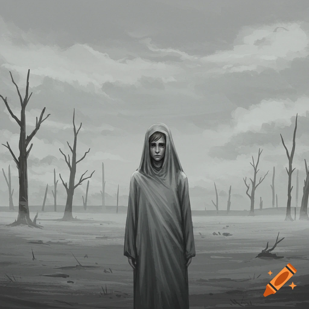 A cloaked figure stands alone in a desolate, treeless grayscale landscape under a cloudy sky.