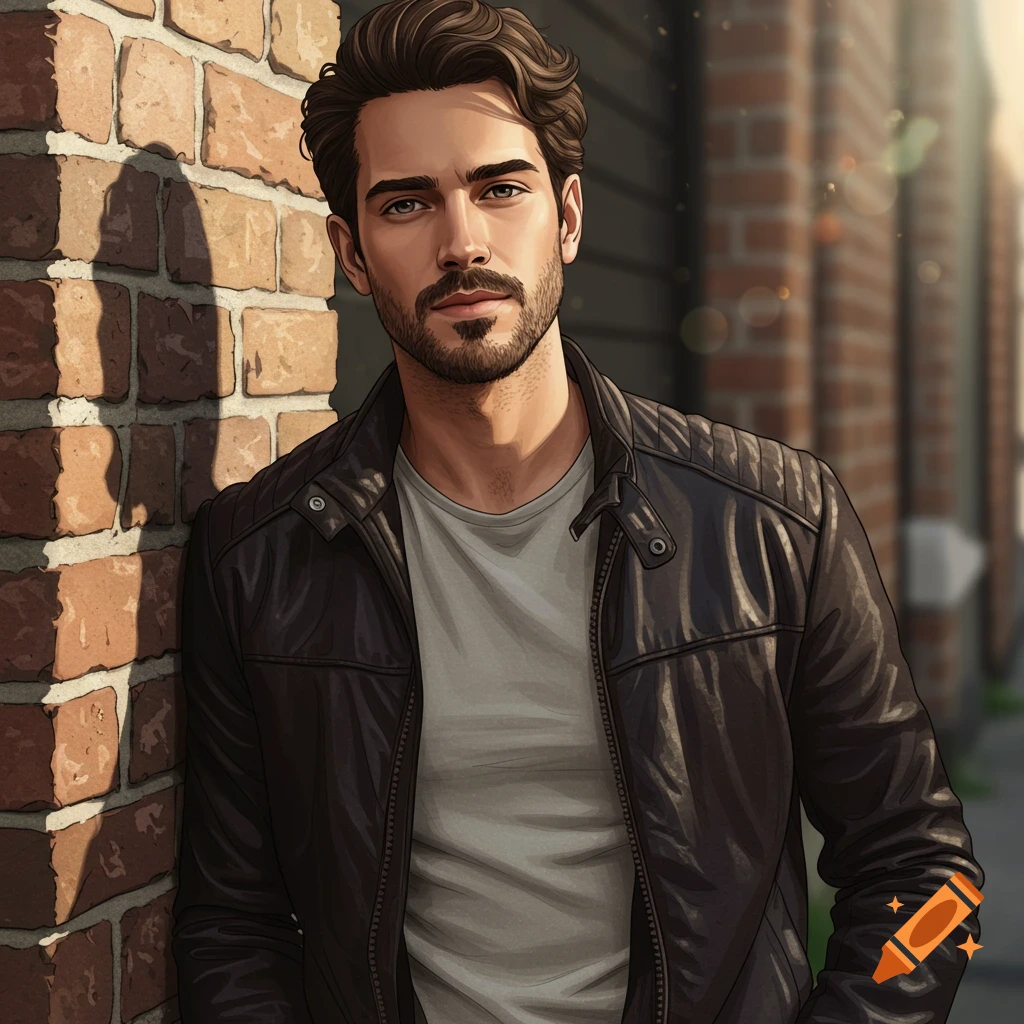 A man in a black leather jacket leans against a brick wall.