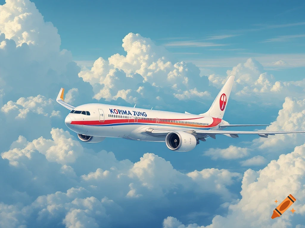 An airplane with red, white, and blue details flies through clouds.