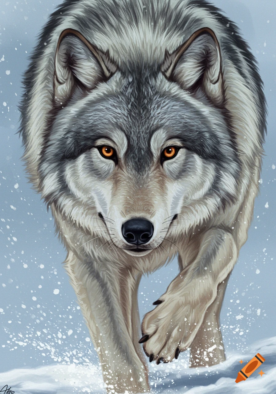 A close-up digital painting of a gray wolf running through snow.