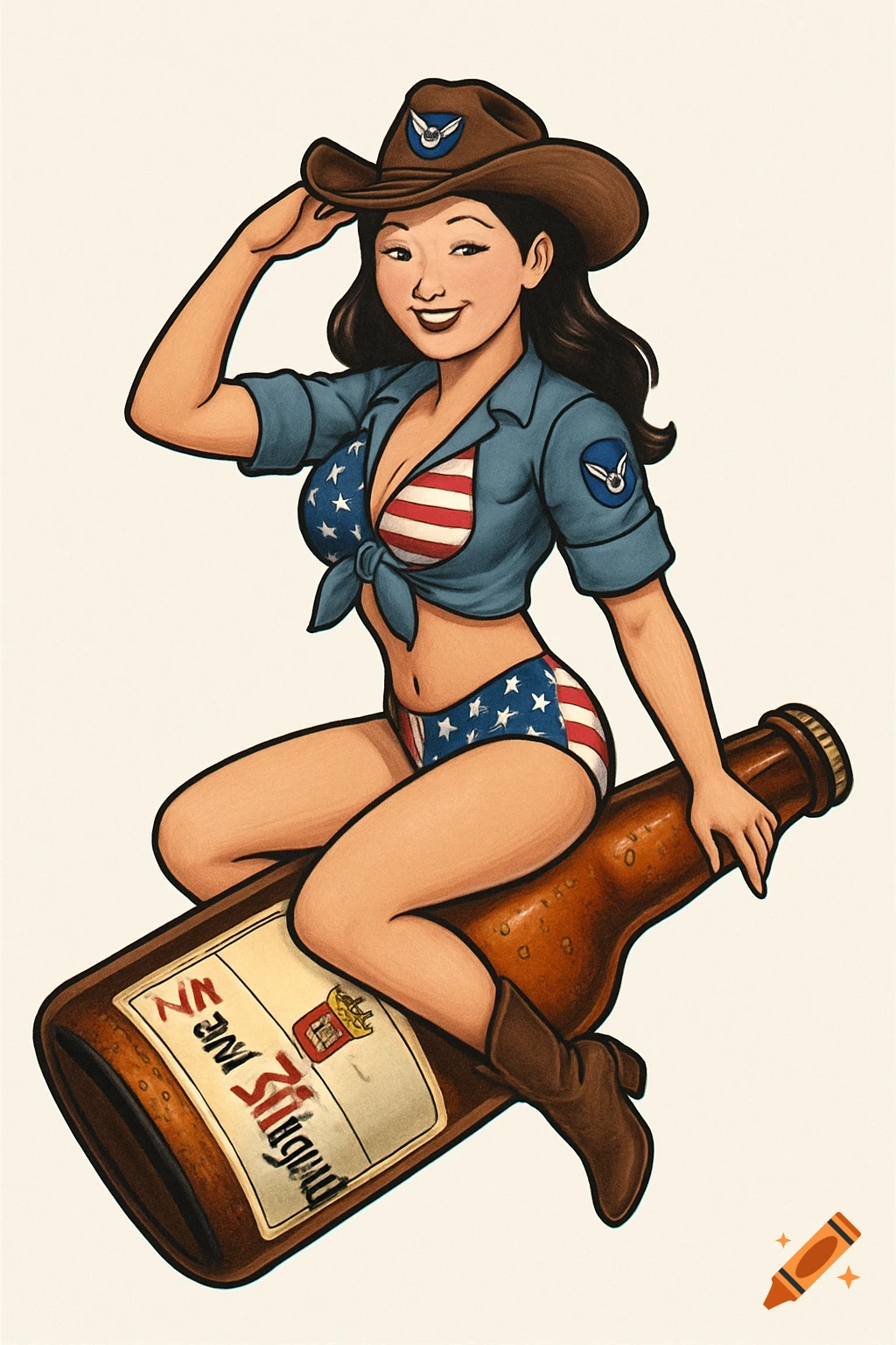 Cartoon pin-up of woman in USA bikini riding a beer bottle
