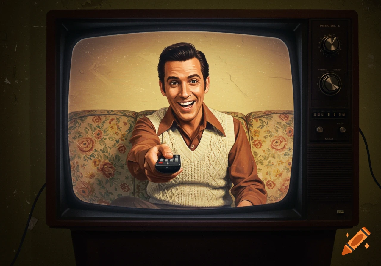 Man on retro TV screen points remote at viewer while sitting on a floral couch.