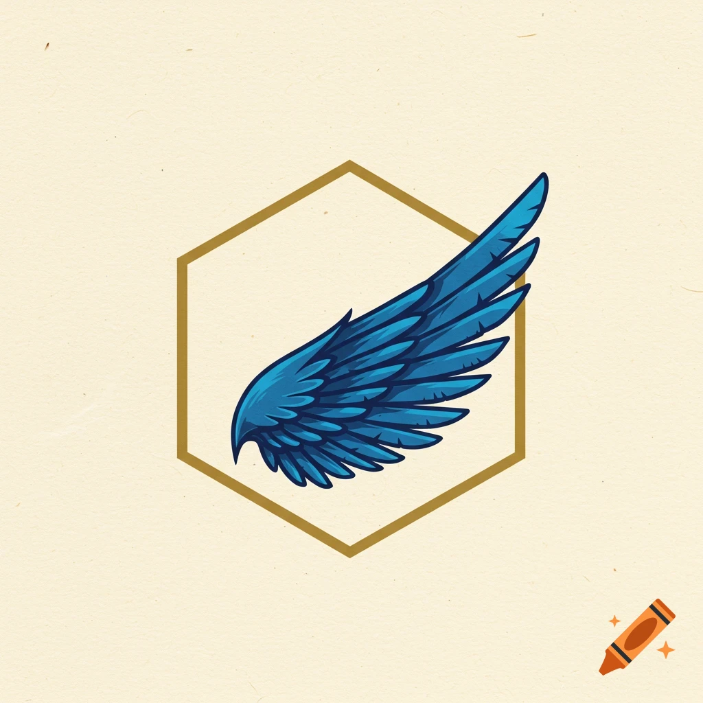 A blue wing inside a gold hexagon outline on a textured background.