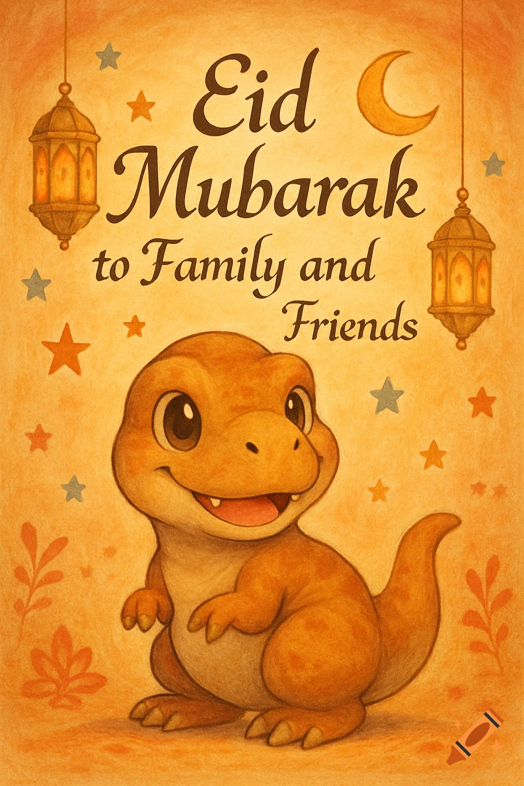 A cute illustrated baby T-rex sits among stars and lanterns with the text 'Eid Mubarak to Family and Friends' on an orange background.