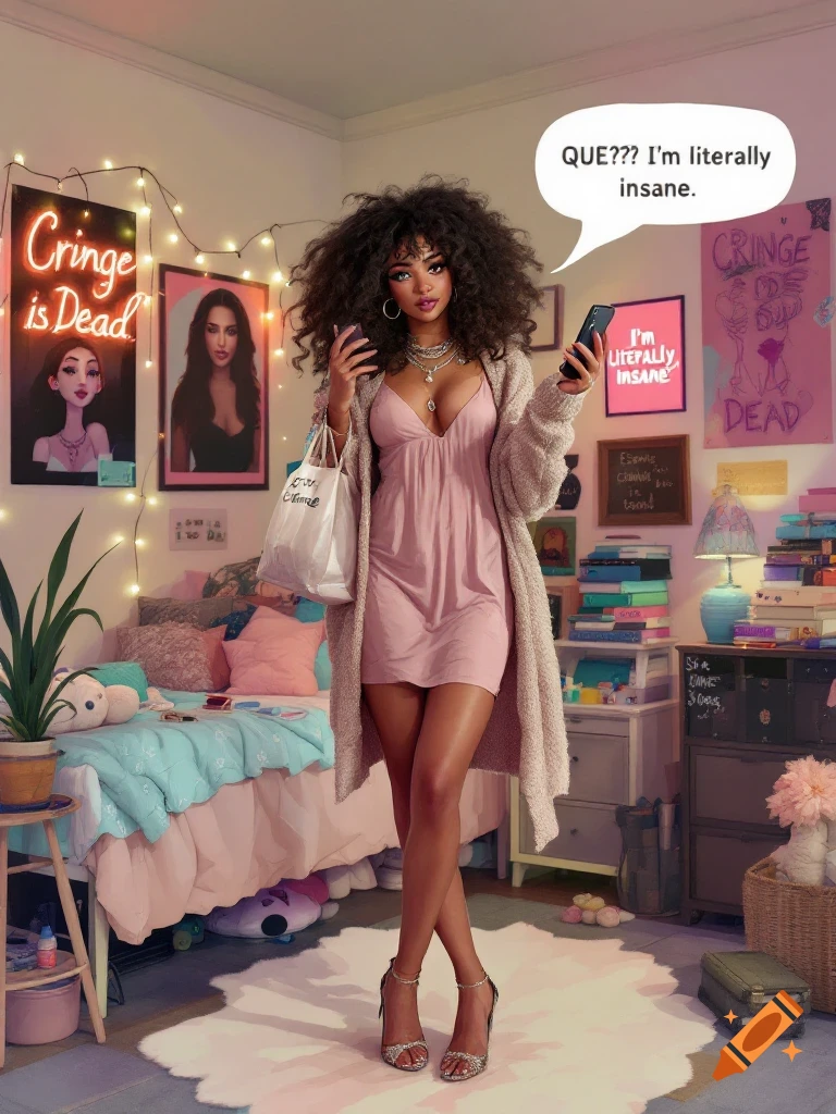 A young woman stands in a bedroom with fairy lights and posters, holding a phone and bag.