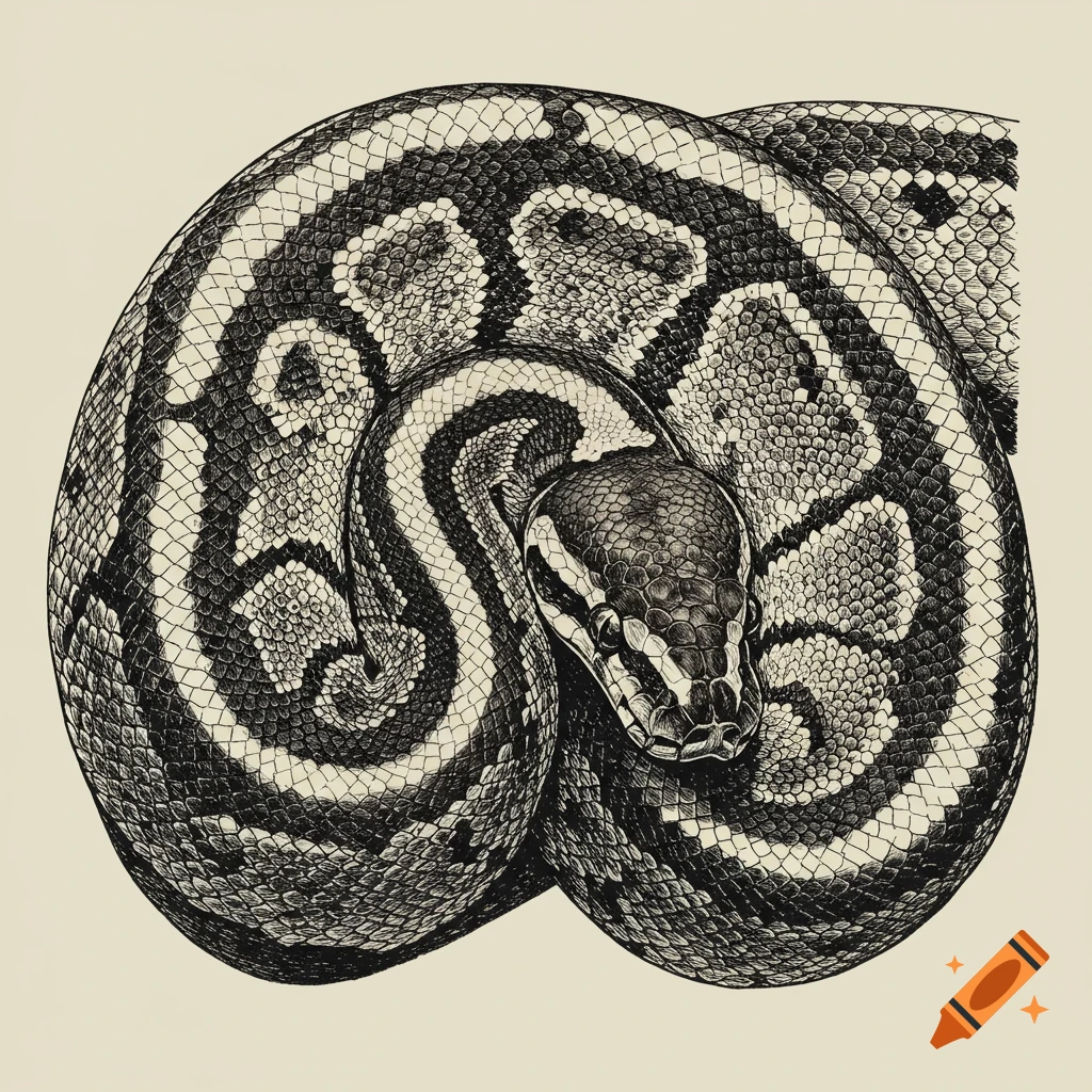 Black and white drawing of a coiled ball python. on Craiyon