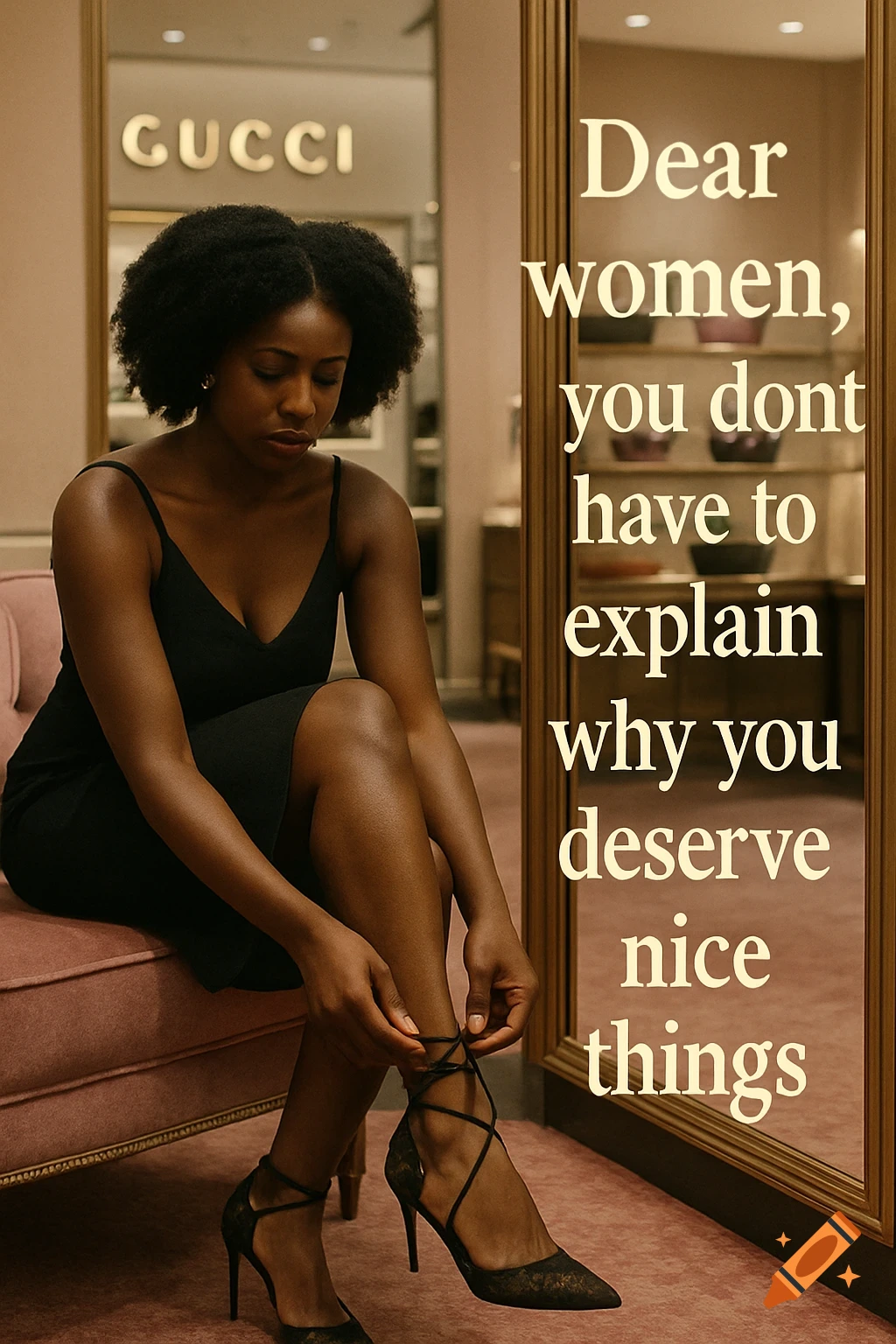 Black woman tying lace-up heels in Gucci store with inspirational quote.