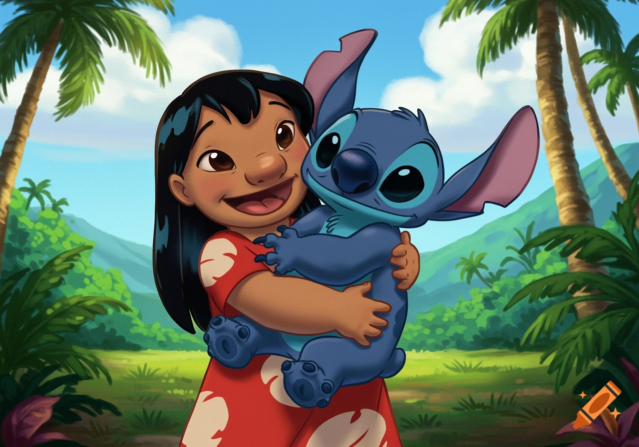Cartoon illustration of Lilo hugging Stitch in a tropical setting with palm trees and mountains.