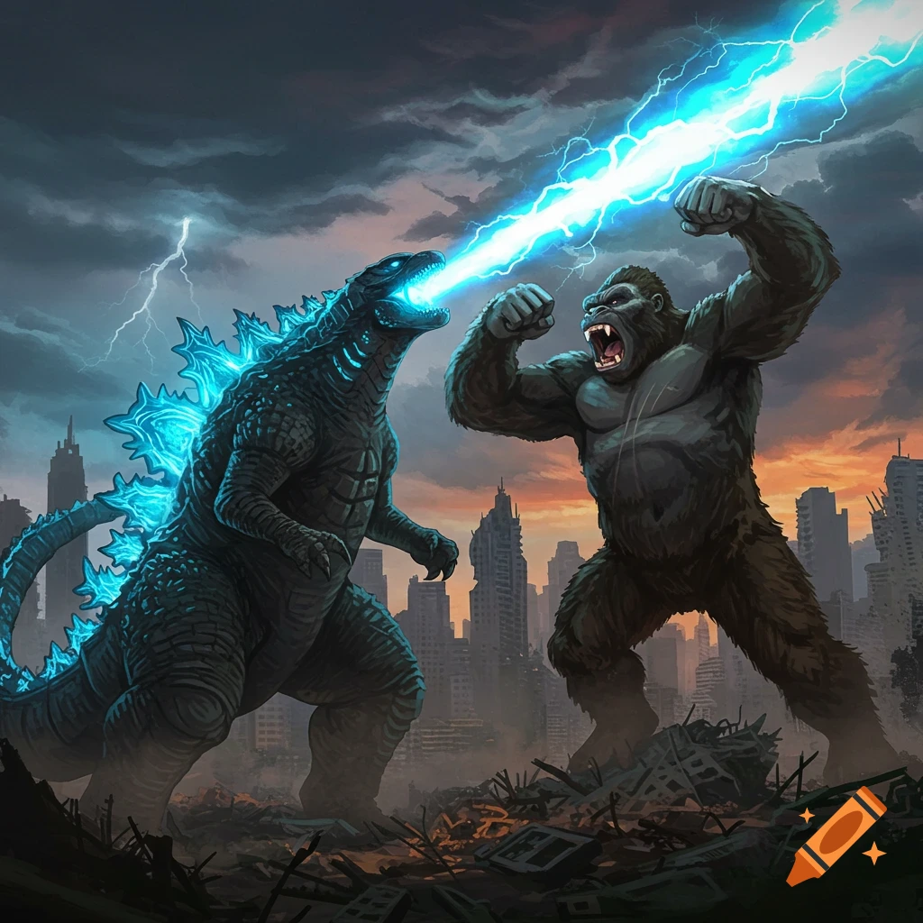 Godzilla fires his atomic breath at King Kong in a ruined city.