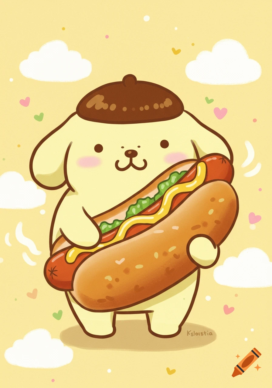 Cute cartoon of Pompompurin holding a large hot dog on a yellow background with clouds and hearts.