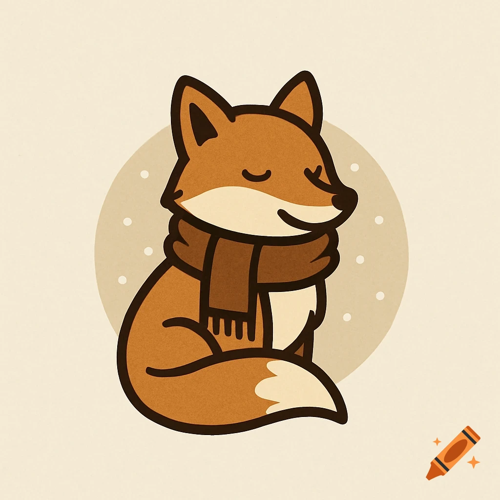 A simple illustration of a cartoon fox wearing a brown scarf, sitting with eyes closed against a light background.