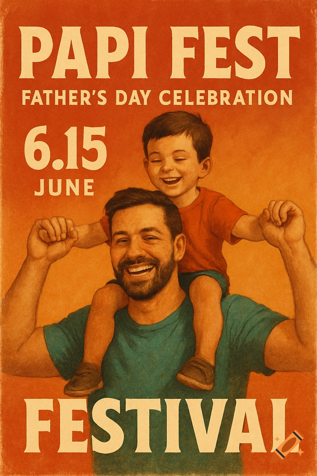 Vintage style flyer for PAPI FEST Father's Day celebration showing a father giving his son a piggyback.