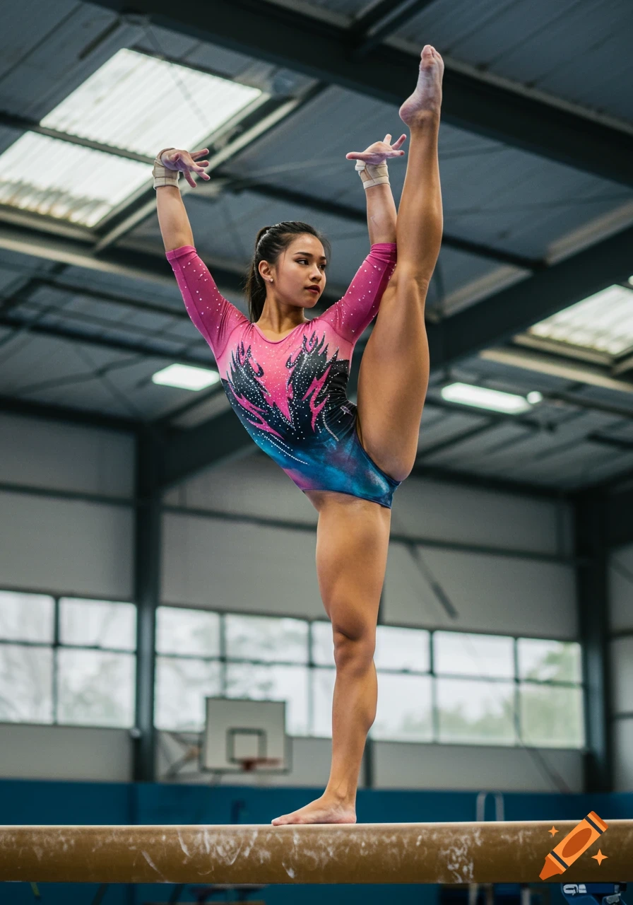 A Filipina gymnast performs a split on a balance beam.