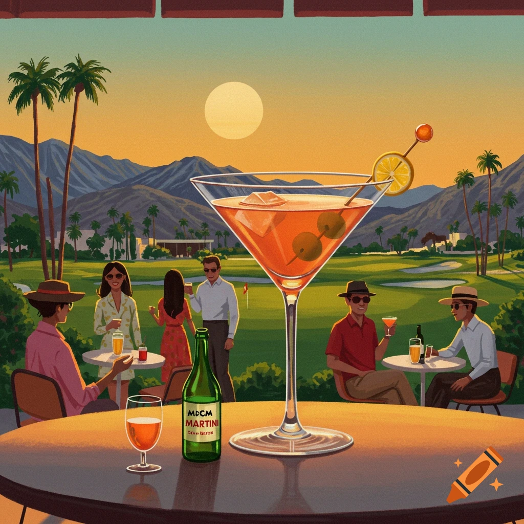 Mid-Century Modern illustration of people enjoying cocktails at a golf club with a giant martini glass in the foreground.