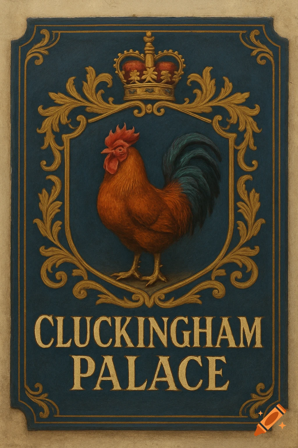 A sign for Cluckingham Palace featuring a rooster within a regal crest under a crown.