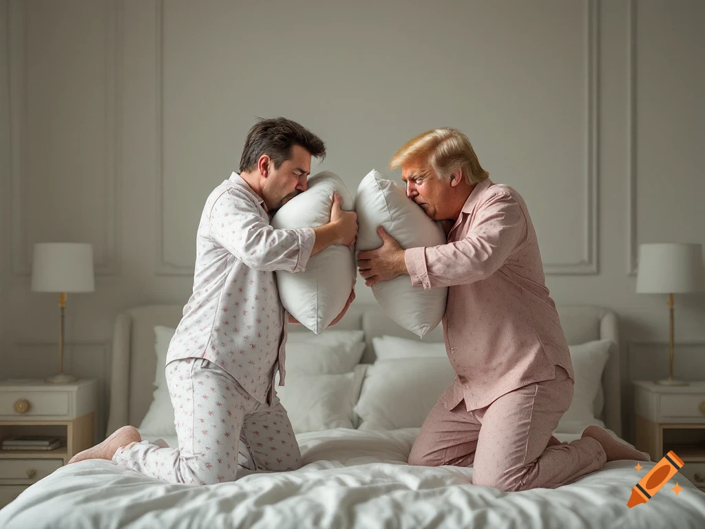 Elon Musk and Donald Trump in pajamas having a pillow fight on a bed.