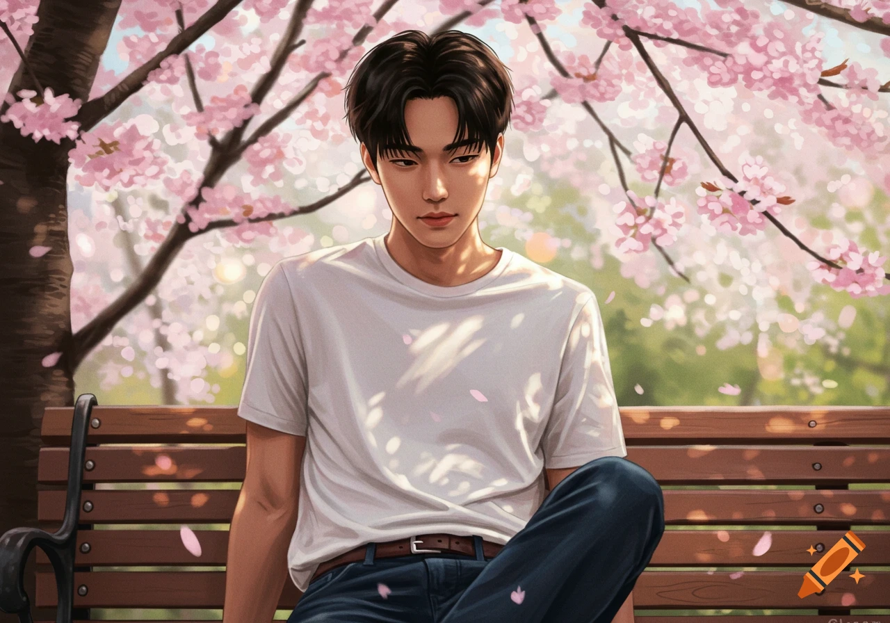 Digital painting of a young Asian man sitting on a park bench under blooming cherry blossoms.