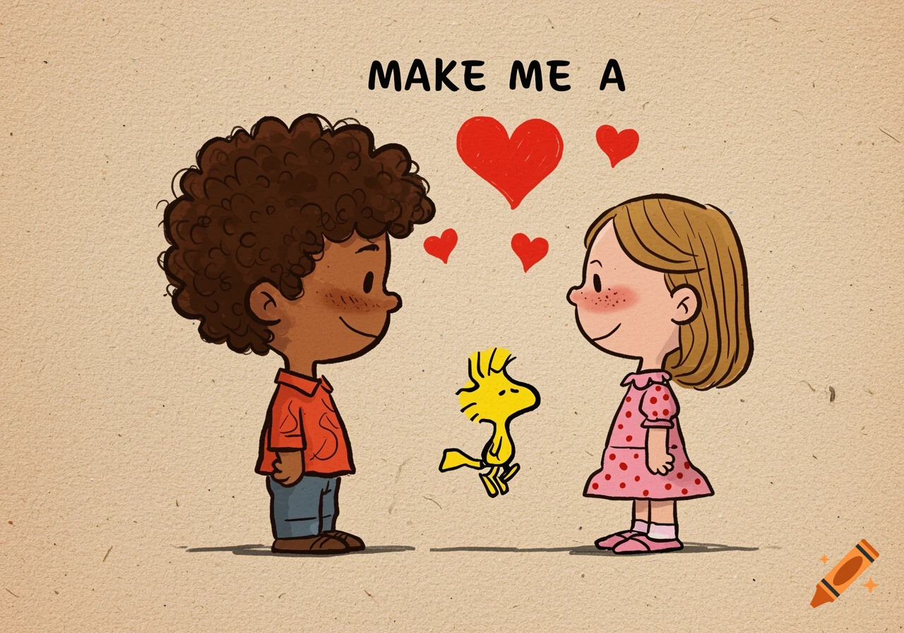 Cartoon image of a boy and girl looking at each other with hearts and Woodstock