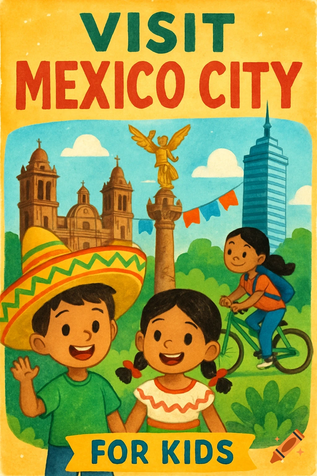 Illustrated vintage-style travel poster for Mexico City featuring children, The Angel of Independence, and a church.