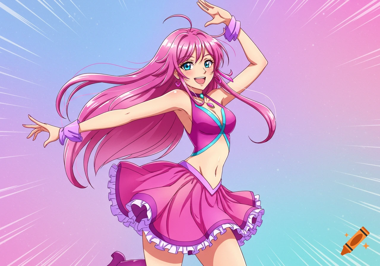 Pink-haired anime woman dancing against a pastel gradient background