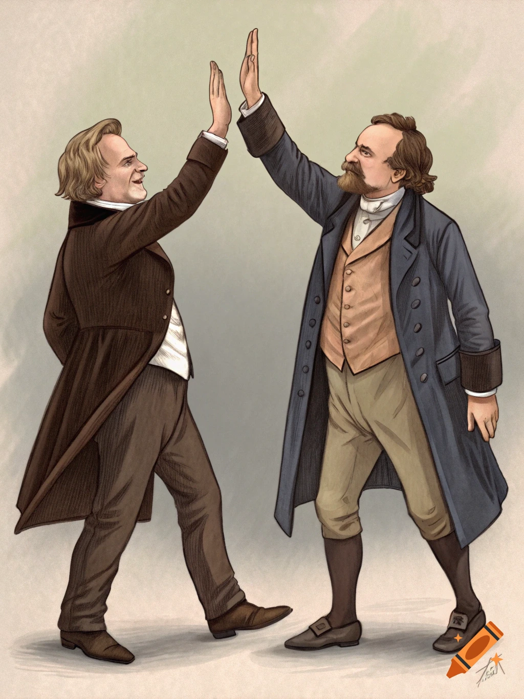 Illustration of two historical figures in old-fashioned clothes high-fiving.