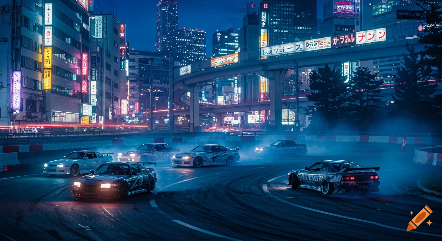 Cars drifting in a neon-lit city at night