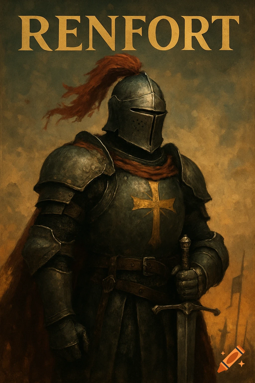 Painterly portrait of a knight in full armor holding a sword, with the text 'RENFORT' above.