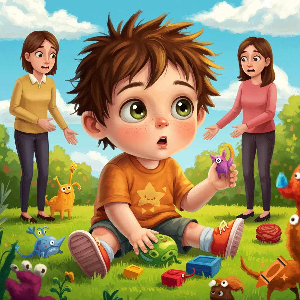 A wide-eyed child plays with toys and cartoon monsters in a grassy park while two adults look on in this bright illustration.