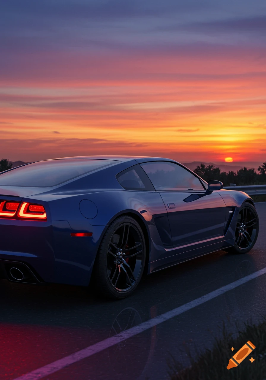 Blue sports car on a road at sunset, viewed from the rear-side.