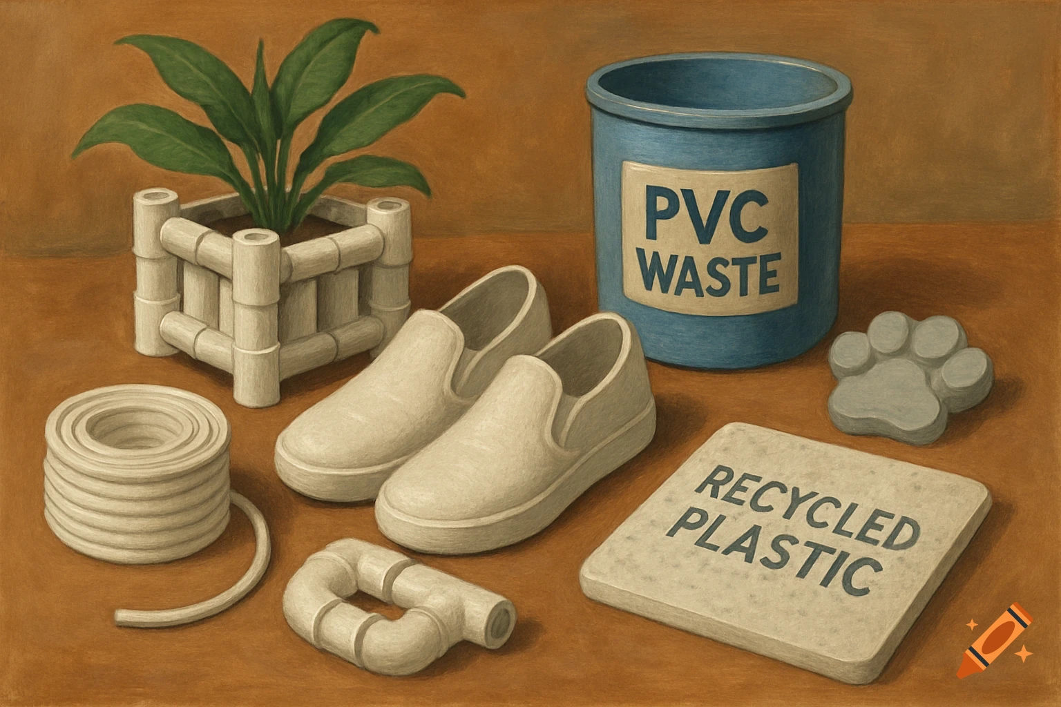 A painterly still life showing a plant in a pot made from PVC tubes, shoes, PVC waste bucket, and recycled plastic object.