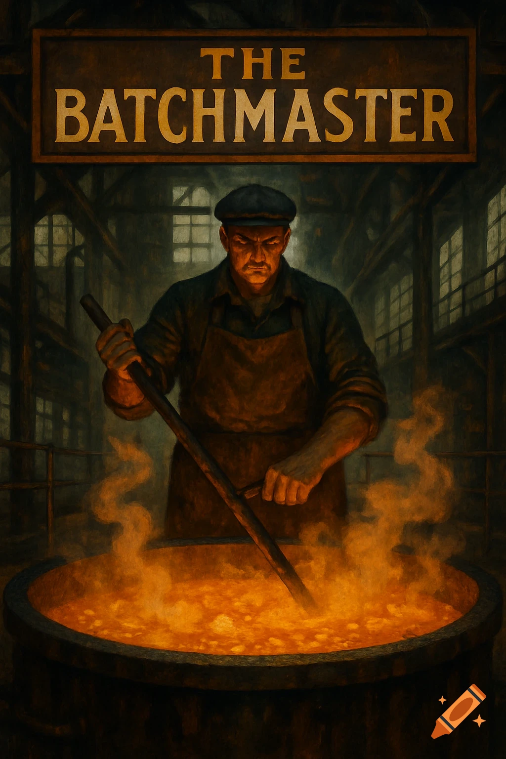 A man in an apron stirs a vat of bubbling liquid in an industrial building under a sign that says "THE BATCHMASTER". Painterly style.