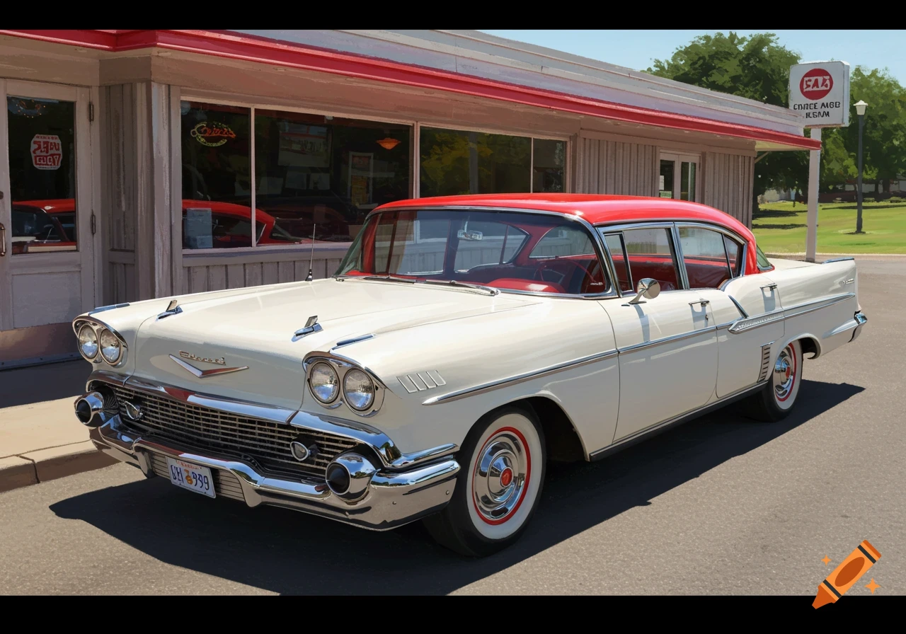 A white 1958 Chevy Bel Air with a red roof parked outside a retro diner.