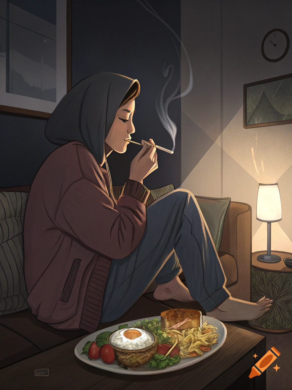 An illustration of a person smoking a cigarette while sitting on a couch with a plate of food nearby.