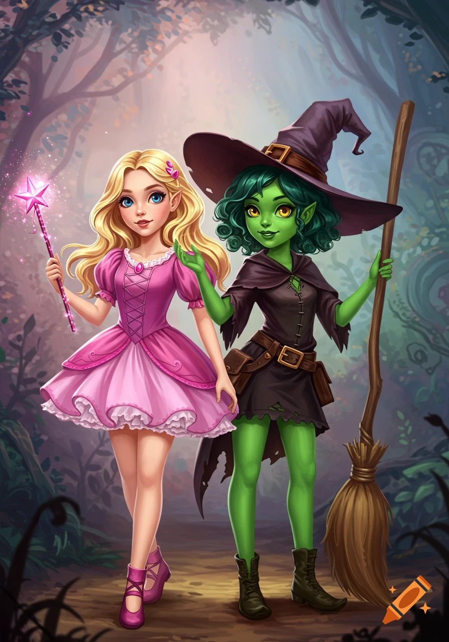 A fairy princess with a wand stands next to a green-skinned witch holding a broomstick in a forest.