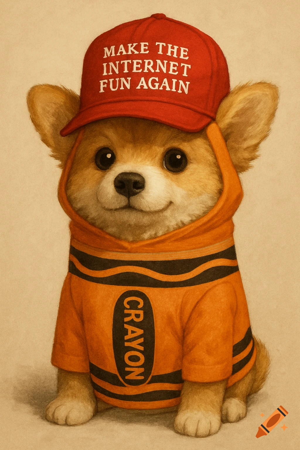 Cute corgi dog wearing a red hat that says MAKE THE INTERNET FUN AGAIN and an orange crayon costume that says CRAYON.