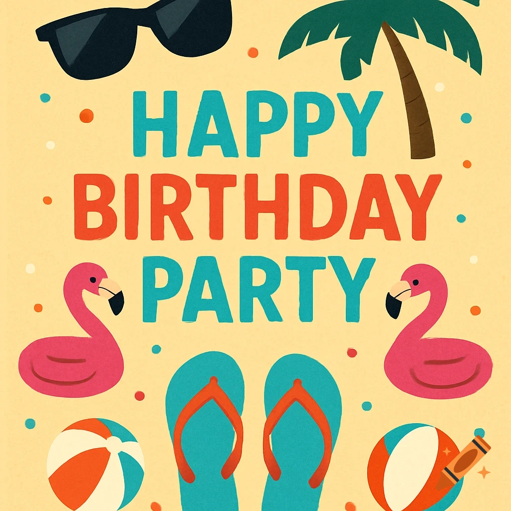 Beach themed birthday party card with text, sunglasses, flamingos, flip flops, and beach balls in an illustration style.