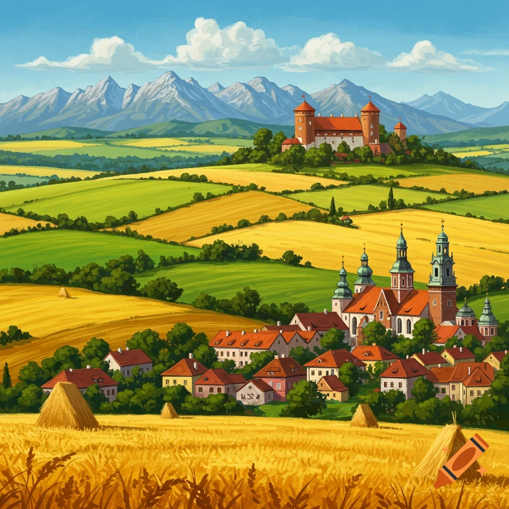 Painterly illustration of a village and castle among rolling fields and mountains