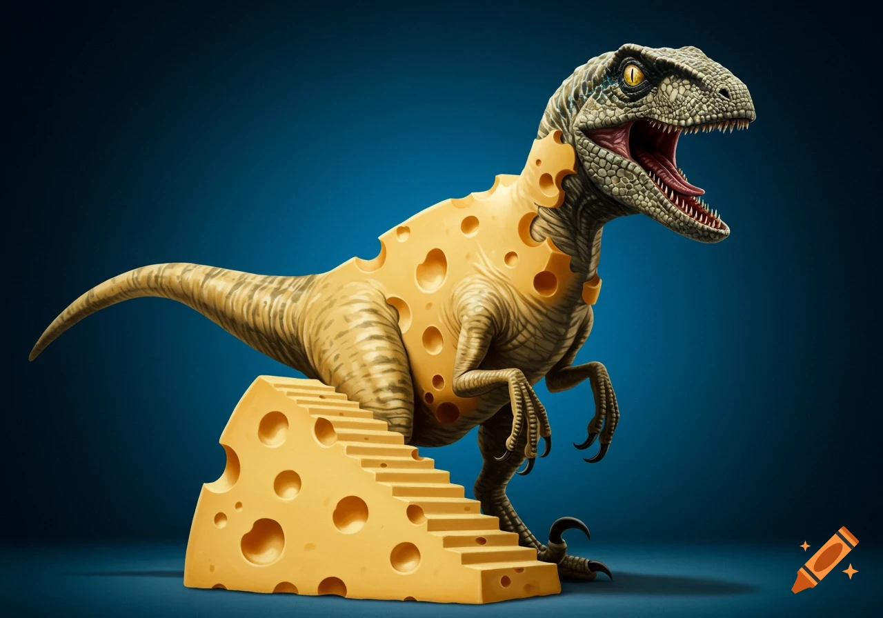 A velociraptor dinosaur with a body made of swiss cheese stairs stands on a large block of cheese.