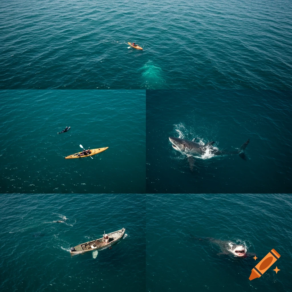 Aerial view collage showing sharks near kayaks, swimmers, and a boat in the ocean.