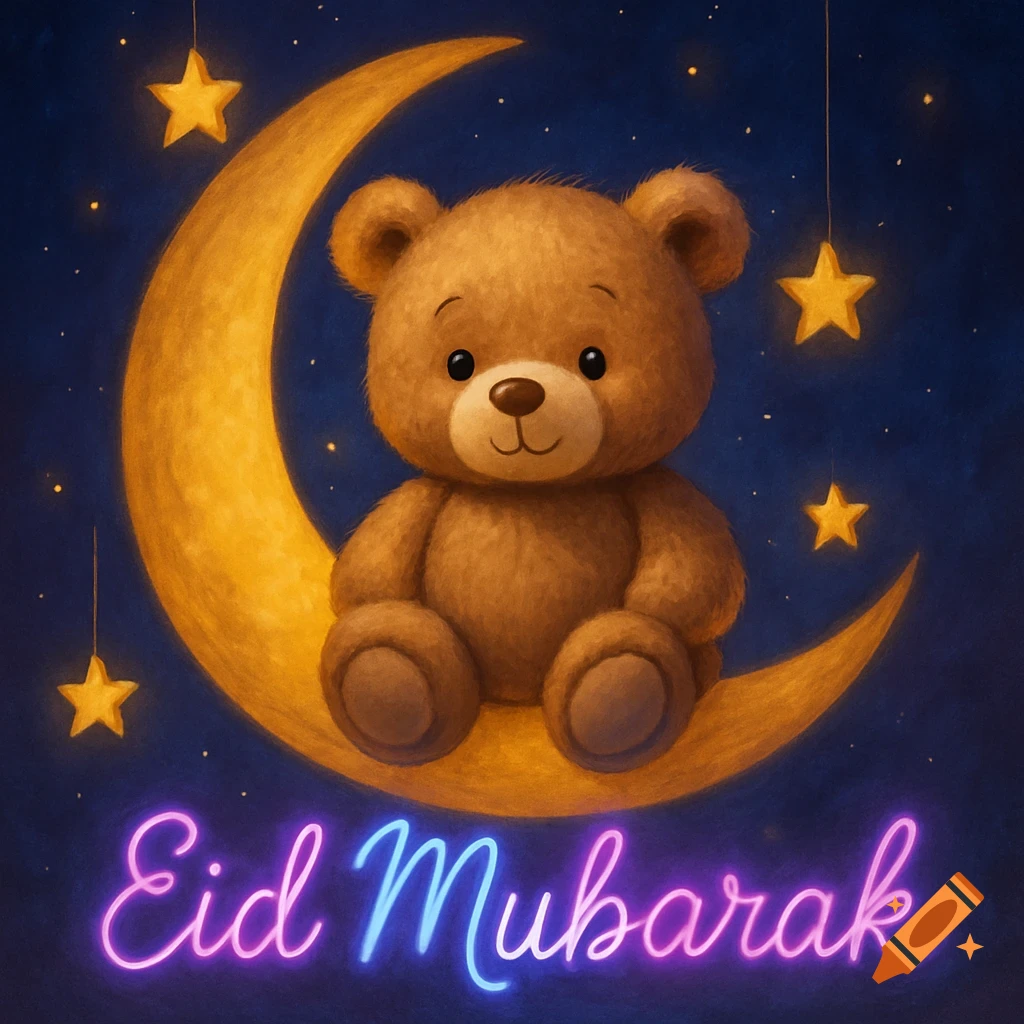 A cute teddy bear sits on a crescent moon surrounded by stars, with neon 'Eid Mubarak' text below.