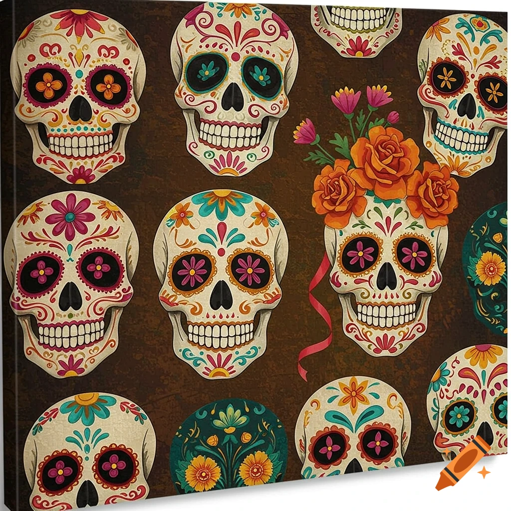 Pattern of decorative, colorful sugar skulls