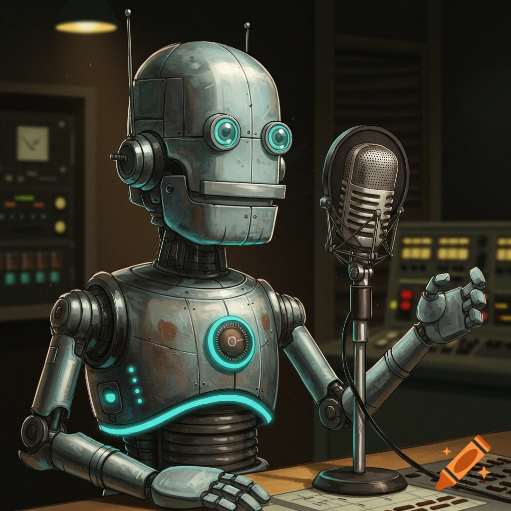 A retro-style metallic robot sits at a desk with a vintage radio microphone in a studio.