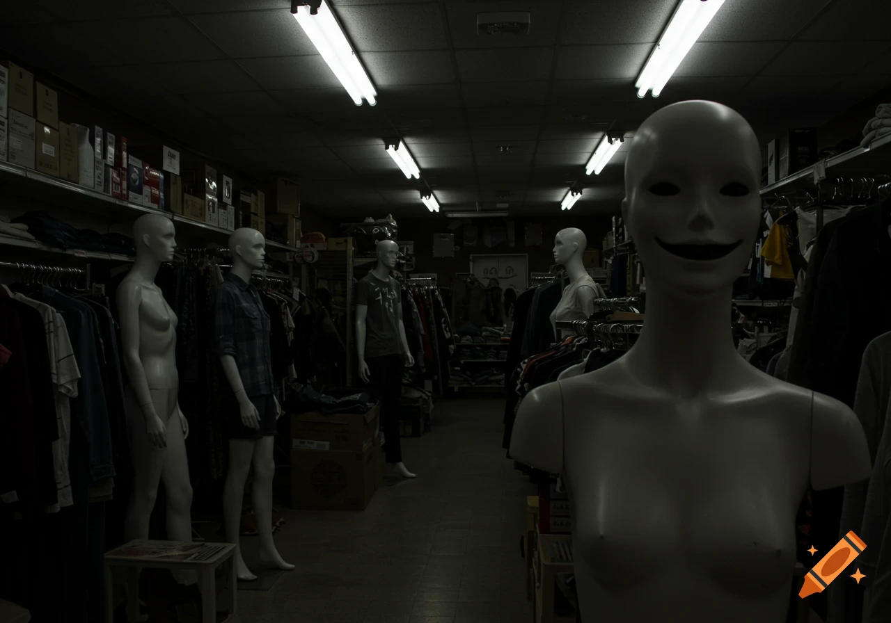 Dimly lit clothing store with mannequins, one facing the viewer with a wide, creepy smile.