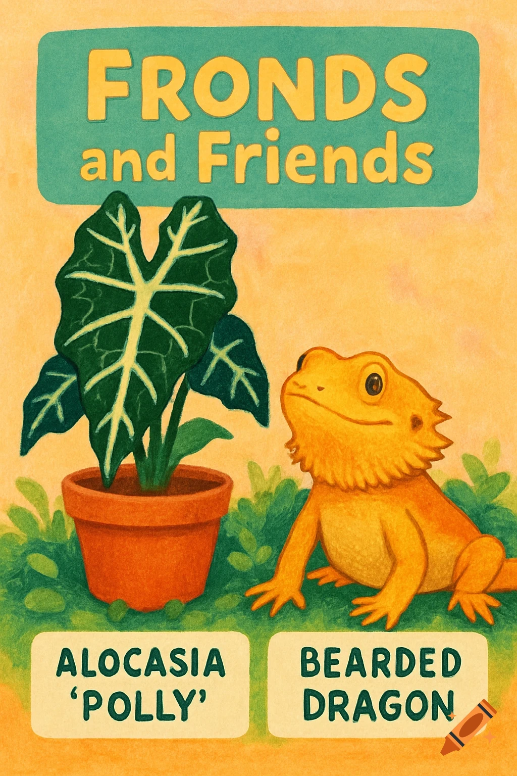 Illustration of an Alocasia plant and a bearded dragon with titles 'Fronds and Friends', 'Alocasia Polly', and 'Bearded Dragon'.