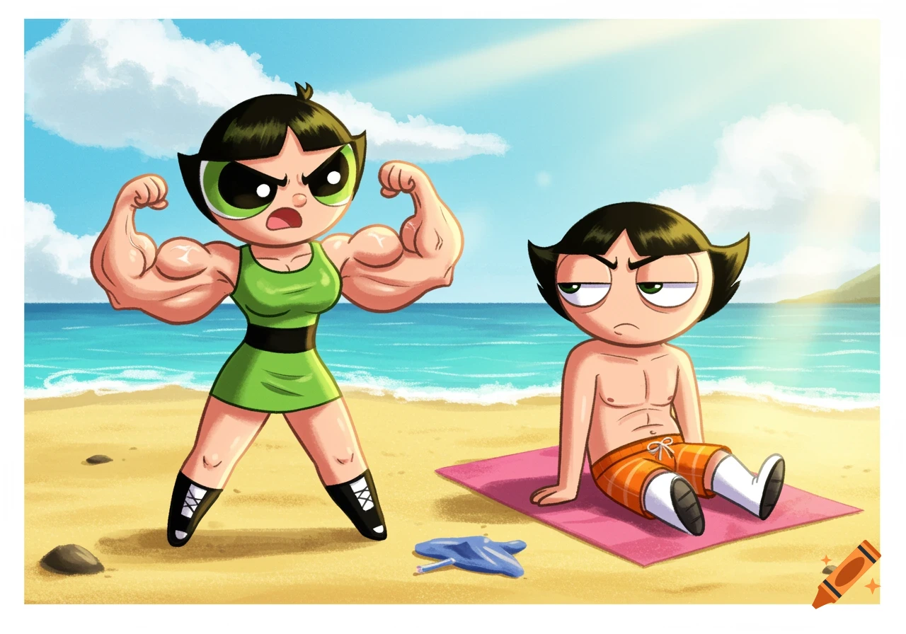 Buttercup flexing muscles on a beach while Boomer looks unimpressed in a cartoon style.