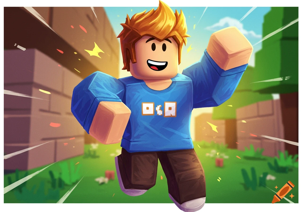 A cartoon illustration of a blocky game character similar to Roblox, with blond hair and a blue shirt, running forward in a blocky outdoor environment.